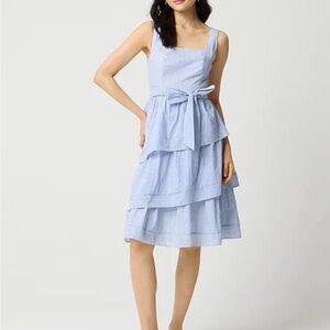 NWT J. Crew Light Blue Tiered Seersucker Midi Dress with Waist Tie